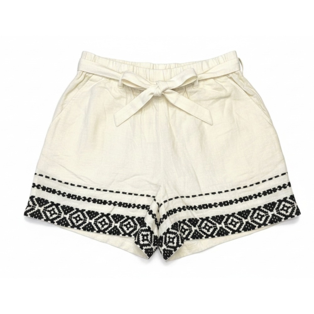 Lucky Brand Womens XS Ivory Linen Blend Embroidered Tie Waist Shorts Boho Cream‎